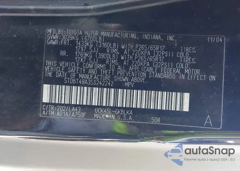 2005 Toyota Sequoia Limited V8 from USA, damaged, VIN 5TDBT48A35S242242